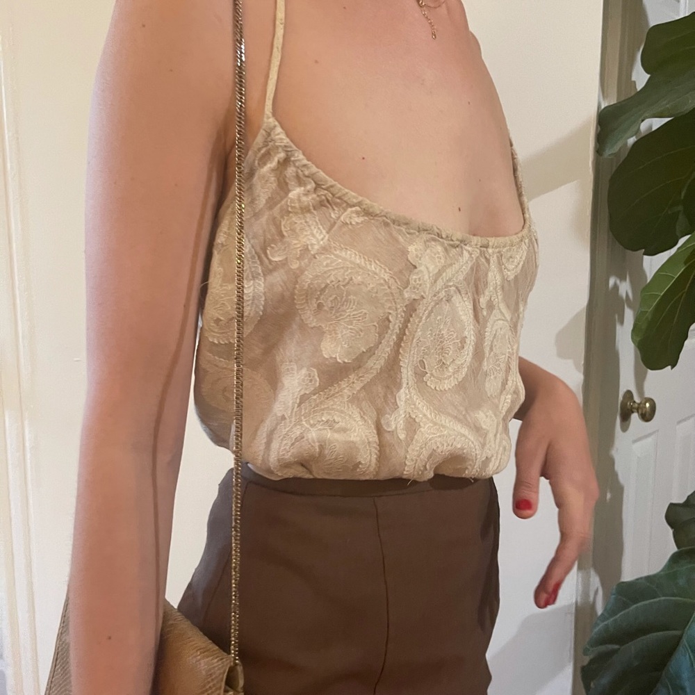 VTG Isda & Co Taupe Silk Linen Paisley Backless Sleeveless Cami Blouse Tank Top - Picture 7 of 16